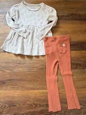 🍂🤎 Easy Peasy Girls 4T Floral Tunic & Ribbed Flare Pants Outfit
